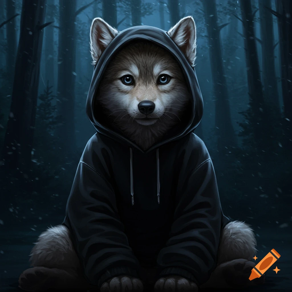 A cute, stylized wolf cub wearing a black hoodie sits in a dark, snowy forest, looking forward.