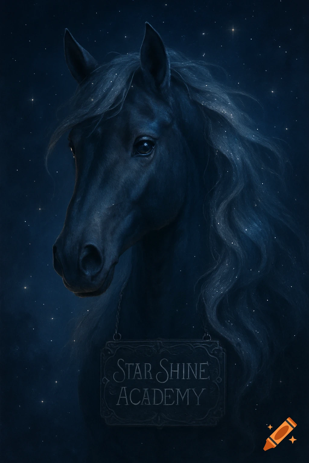 A majestic dark horse's head in profile against a starry night sky, its mane sparkling with stars. A sign hanging from its neck reads 'STAR SHINE ACADEMY'. Digital art.