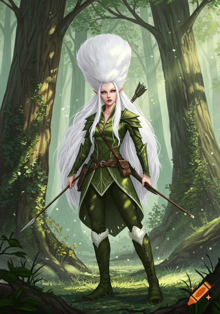 An elf woman with long white hair and a huge white wig, wearing green hunting gear and boots, holding two spears while standing in a lush green forest.