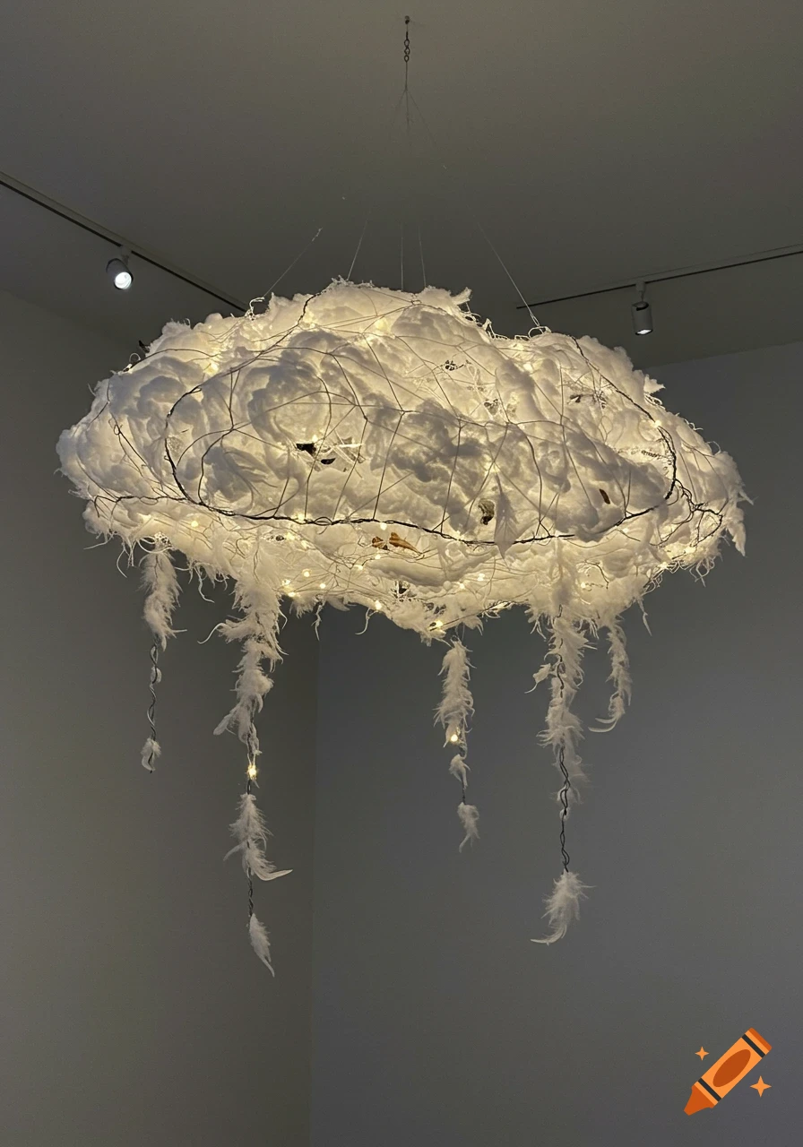 A cloud-like art installation made of white fluff, wires, and glowing lights, with feathers hanging down, suspended in a gallery.