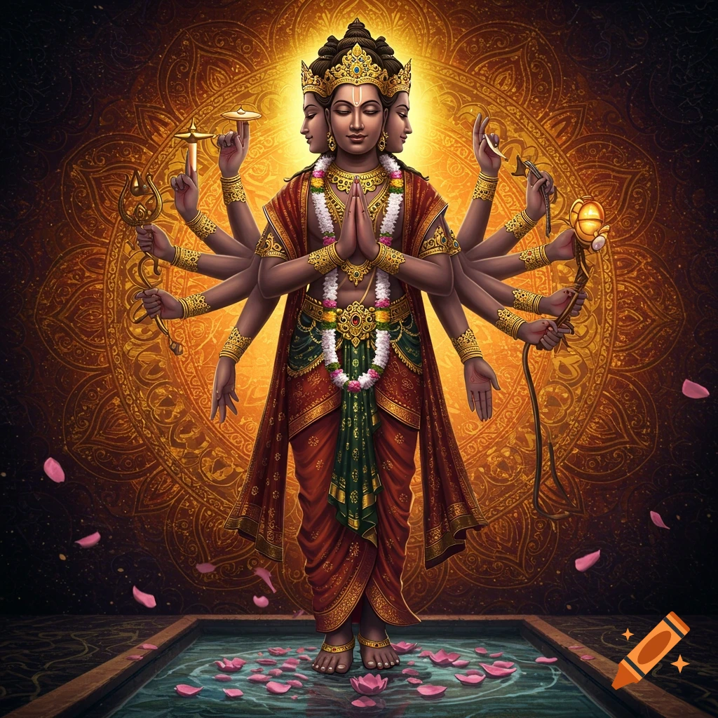 A multi-armed, three-headed Hindu deity, possibly Brahma, stands in ornate robes against a radiant golden mandala, with pink lotus petals at their feet in water.