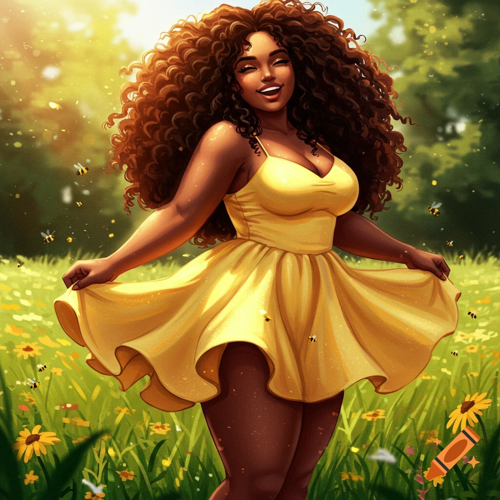 A happy, curly-haired Black woman in a yellow sundress smiles in a sunny field with flowers and bees in a stylized illustration.