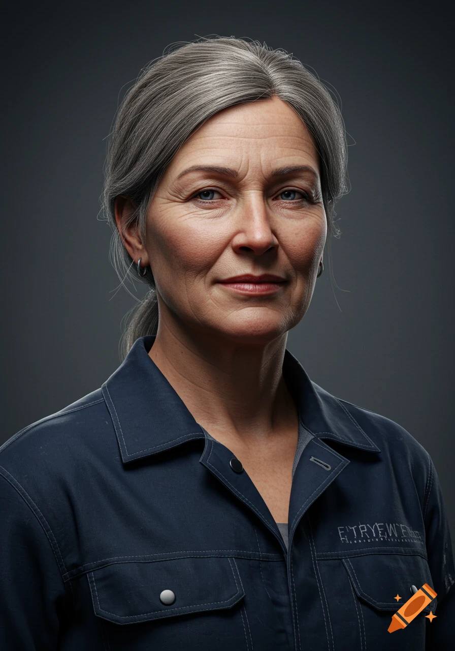 Close-up portrait of a middle-aged woman with grey hair in a dark blue coverall jacket, looking forward.