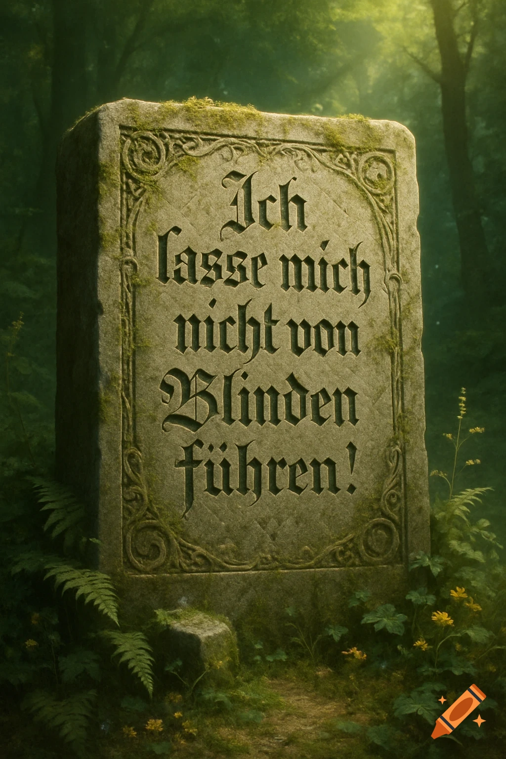 A moss-covered stone tablet with 'Ich lasse mich nicht von Blinden führen!' inscribed in Fraktur script, set in a lush, sunlit forest.