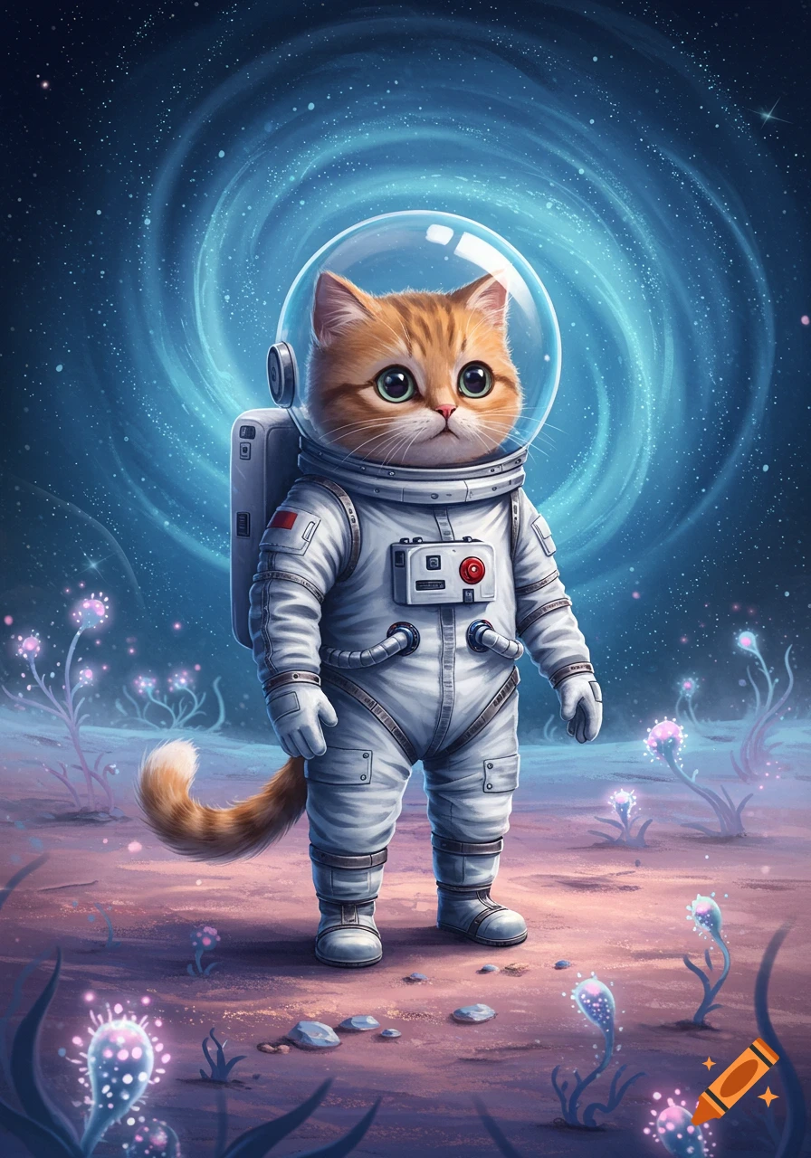 A cute ginger cat astronaut stands on an alien planet with glowing plants under a swirling blue nebula.
