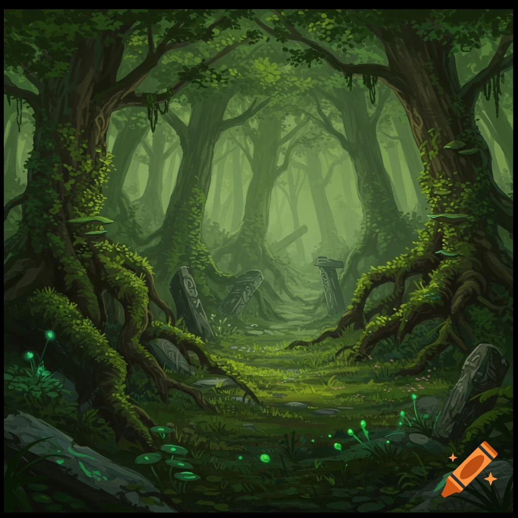 A lush, overgrown, and spooky forest path with ancient moss-covered trees and glowing mystical plants, rendered in a detailed fantasy art style.