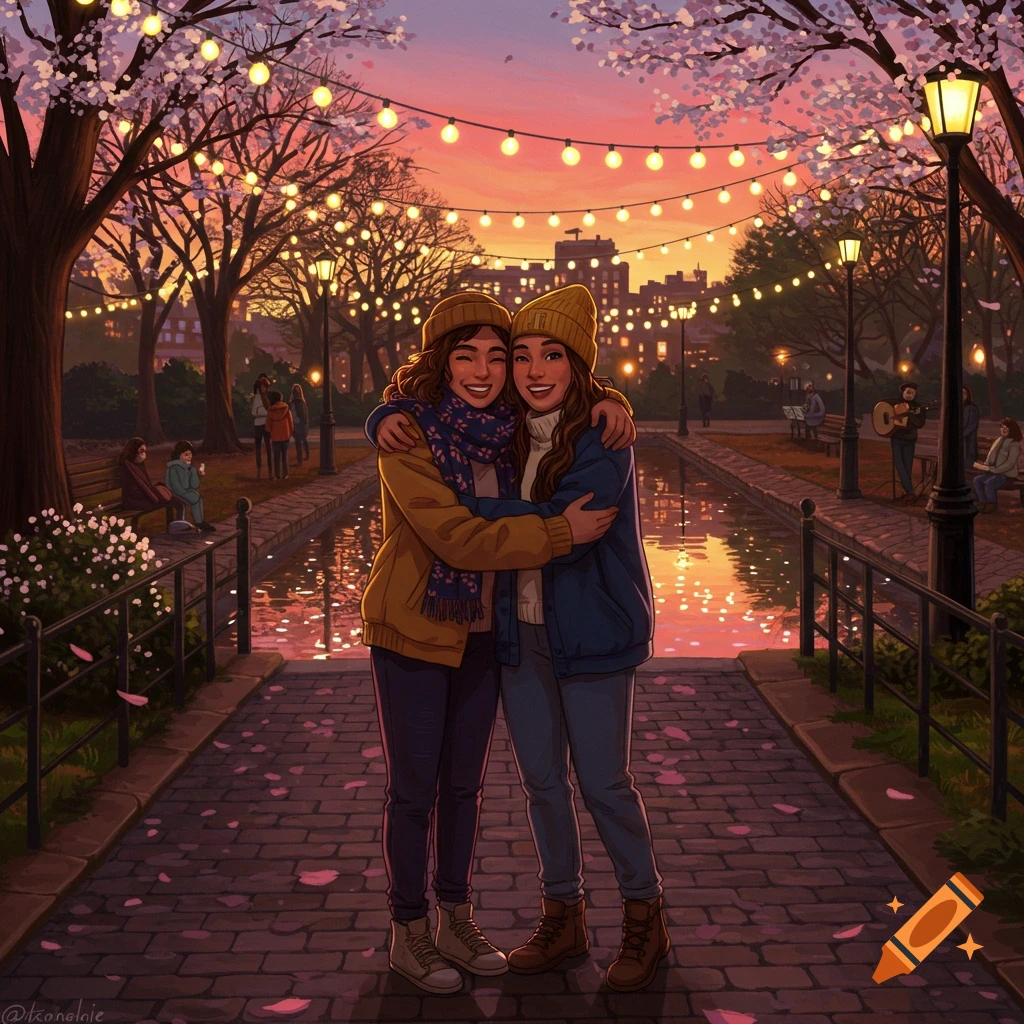 Two young women with beanies hug in an illustrated park at sunset with string lights and pink blossoms.