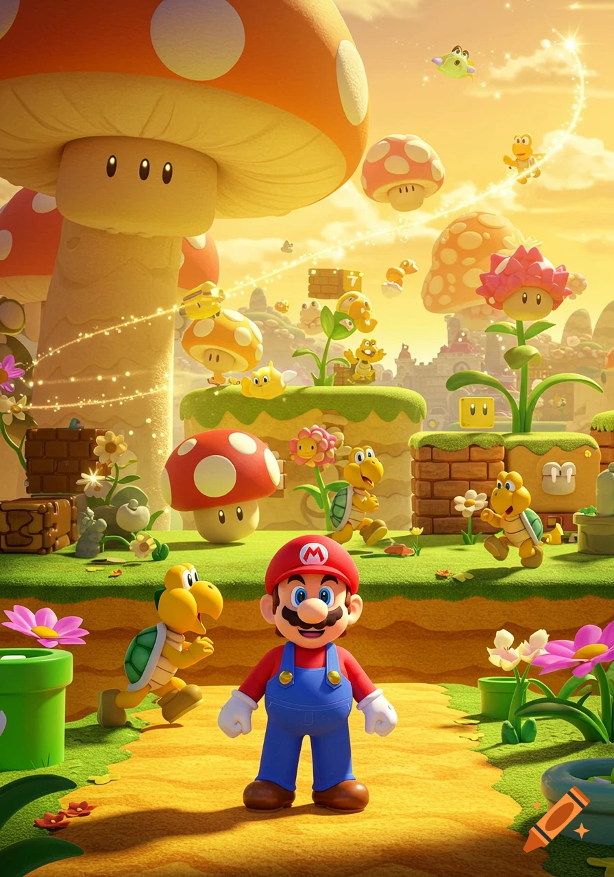 Mario and Koopa Troopas in a bright, colorful Super Mario mushroom kingdom landscape at sunset.
