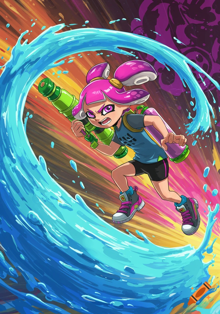 Vibrant cartoon of a pink-haired Inkling character running and firing light blue ink from a weapon amidst energetic splashes and motion lines.