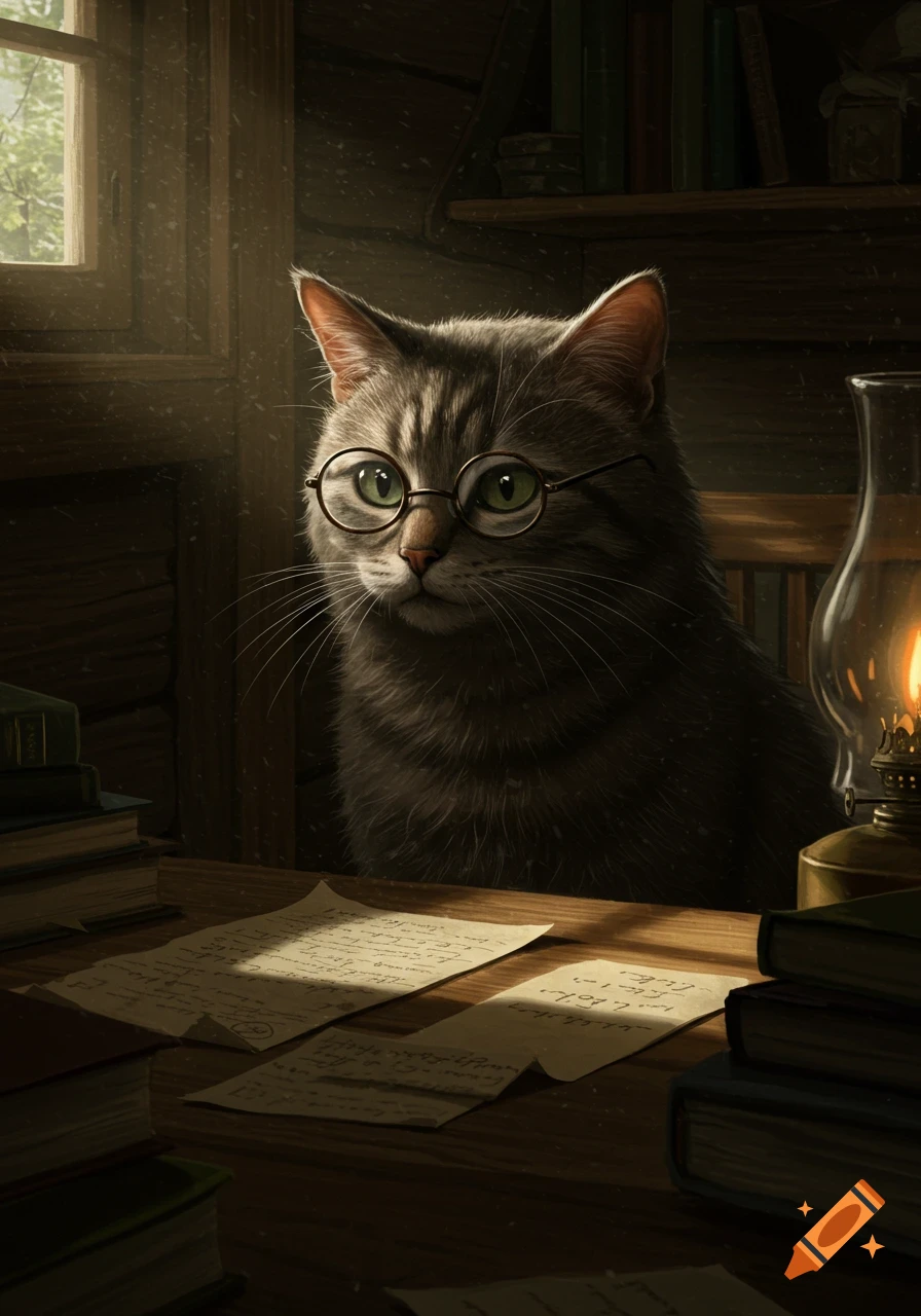 A tabby cat wearing round glasses sits at a wooden desk with books, papers, and an oil lamp, lit by a window.