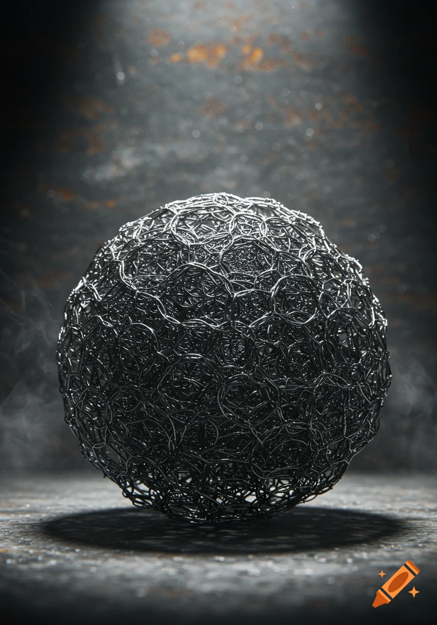 A photorealistic dark metallic sphere made of tangled wires, illuminated against a distressed, dark industrial background.