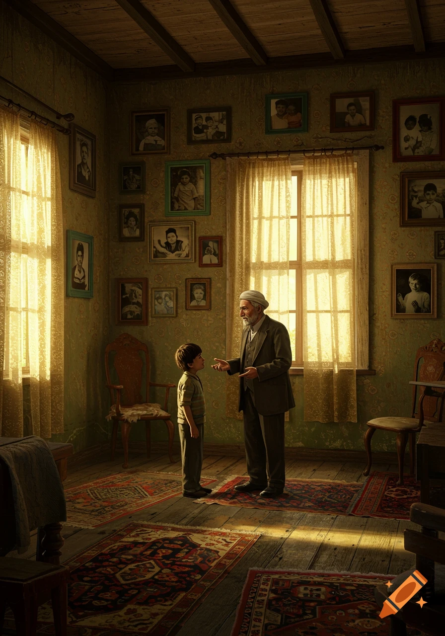 An old man in traditional attire talks to a young boy in a warmly lit, vintage room with walls covered in framed photos.
