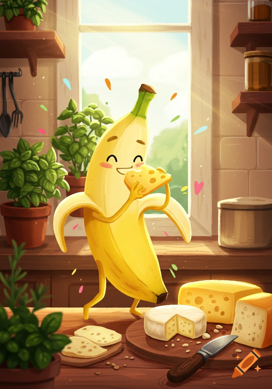 A happy cartoon banana with a peeled skin eats a slice of cheese in a sunny kitchen with more cheese on a cutting board.