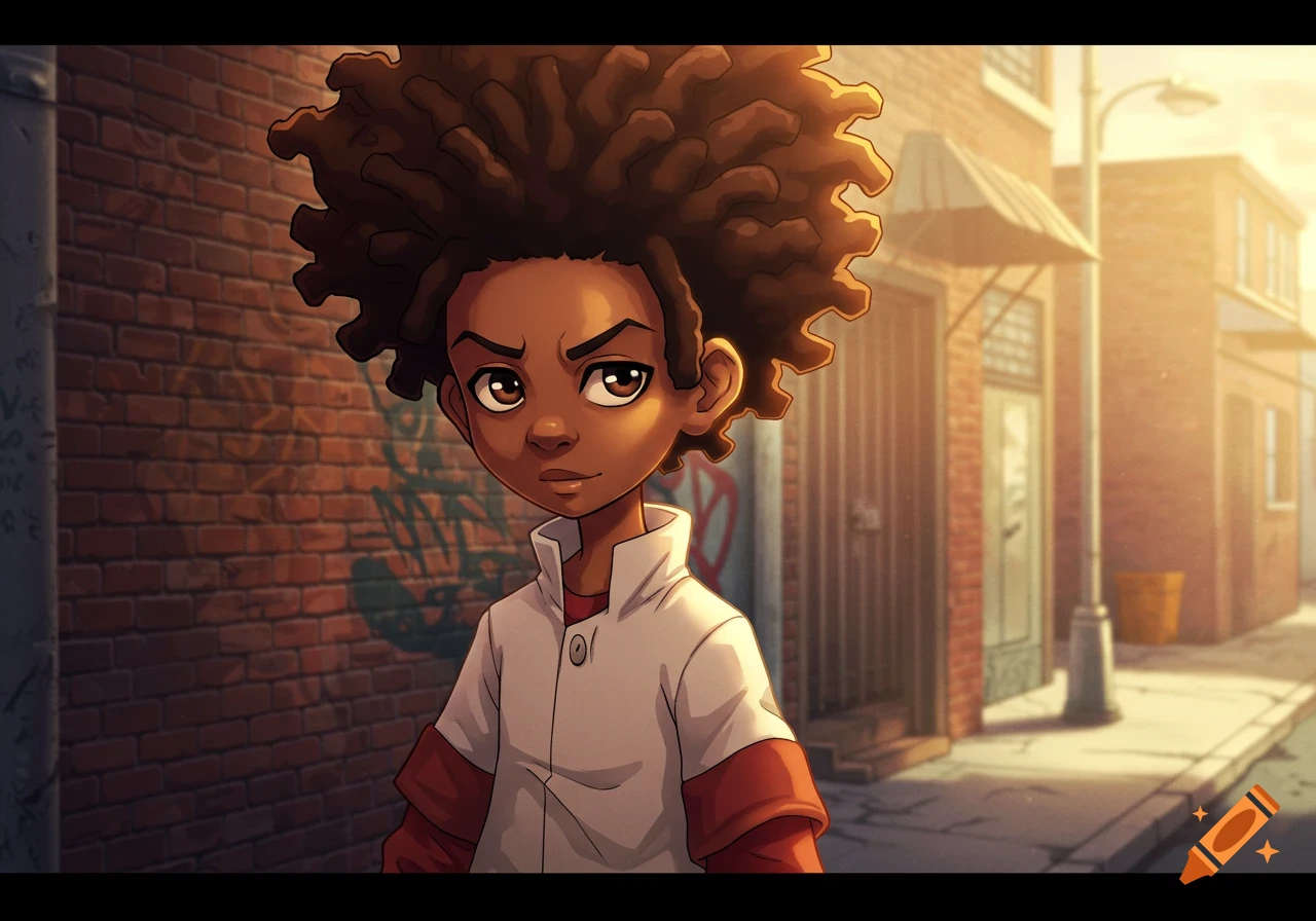 Animated dark-skinned boy with messy dreadlocks, resembling a Boondocks character, stands on an urban street with graffiti.