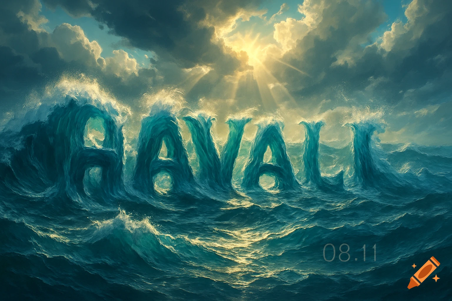 Epic seascape with the word 'HAVALI' formed by crashing ocean waves under a dramatic, sunlit sky. The date '08.11' is subtly present.