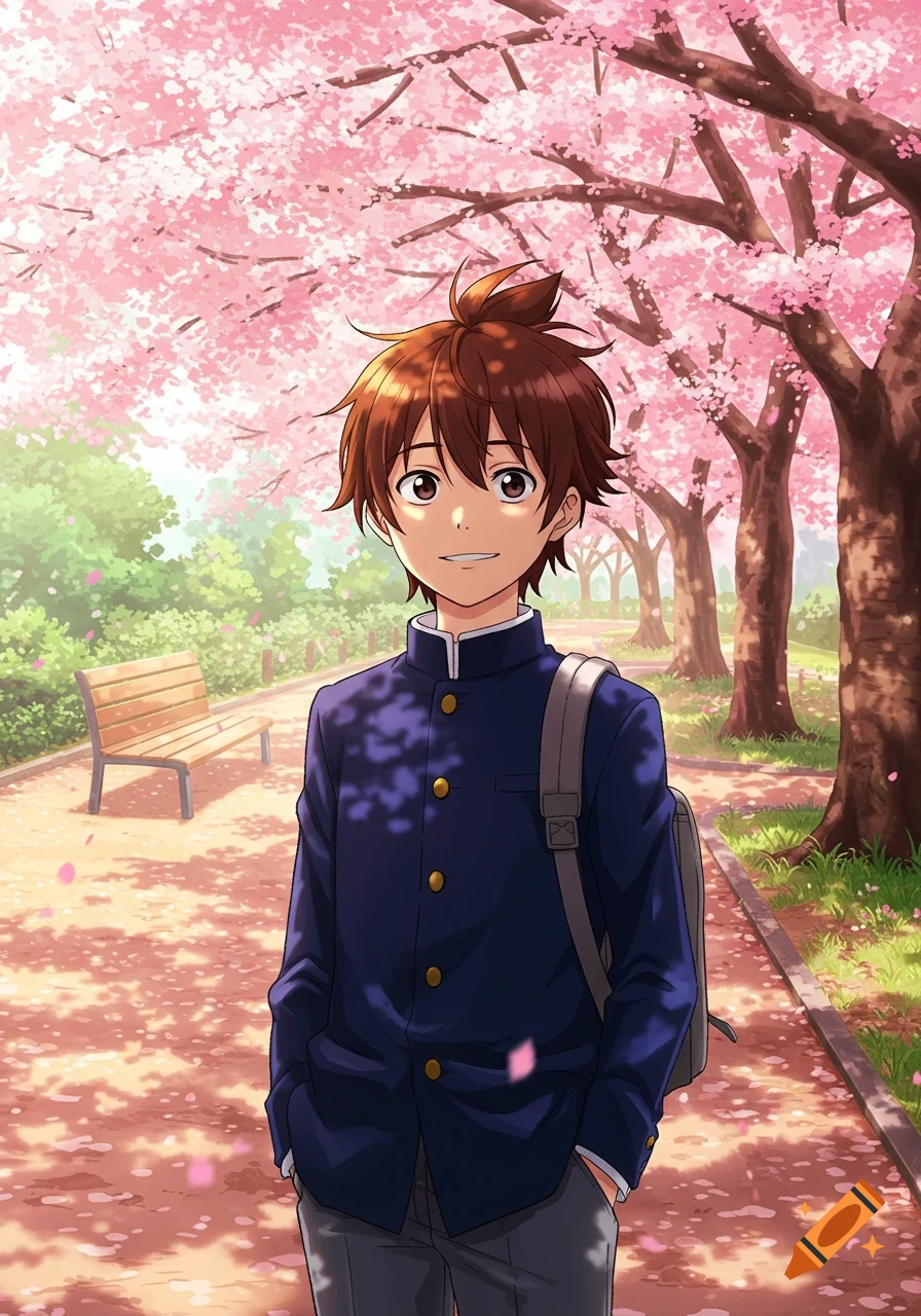 An anime boy in a dark blue school uniform stands smiling in a park filled with pink cherry blossom trees and falling petals.