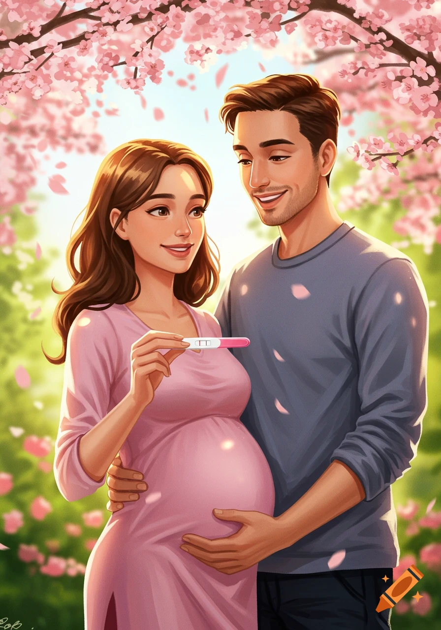 An illustrated happy couple, with the pregnant woman holding a positive pregnancy test under cherry blossoms.