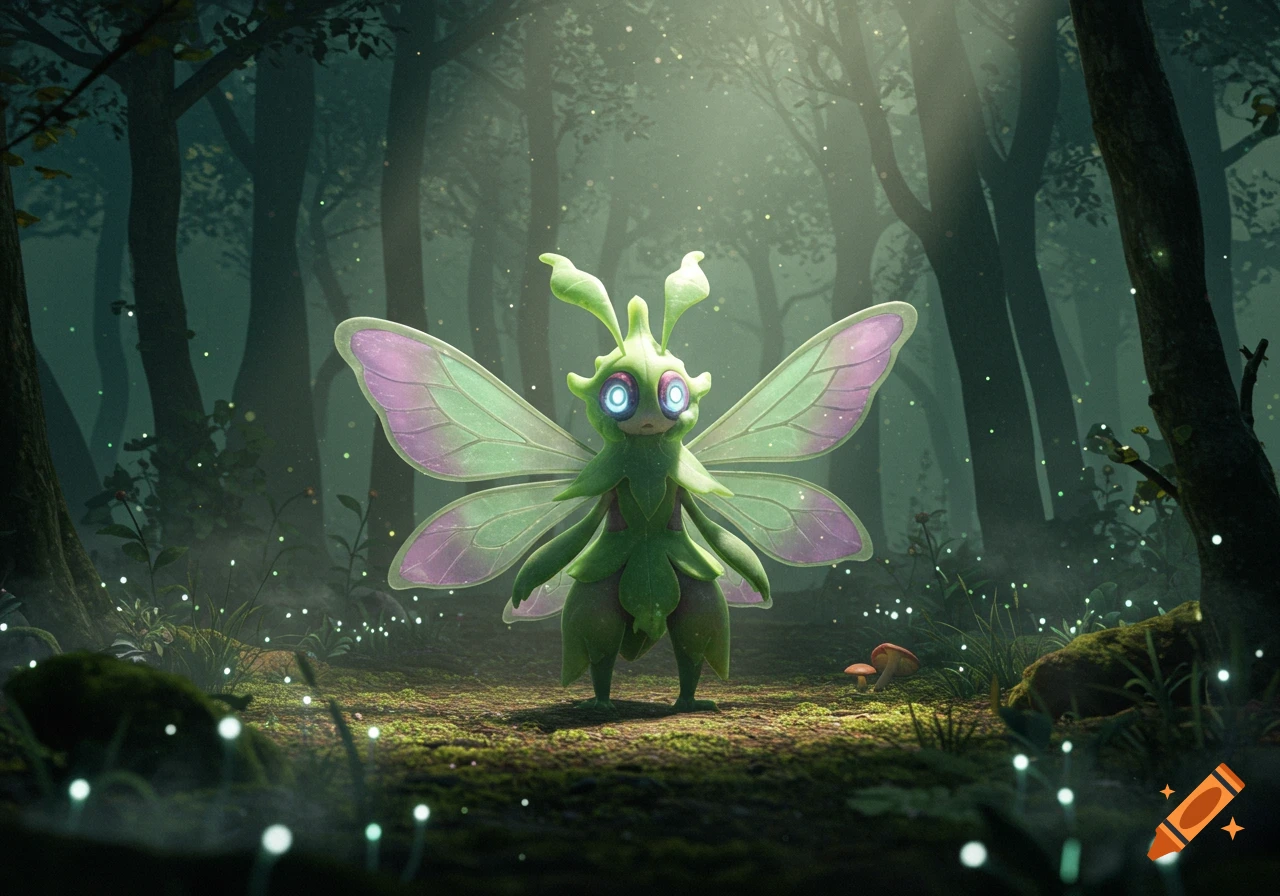 A green, fairy-like creature with large purple wings and glowing eyes stands in a mystical forest with shimmering lights.