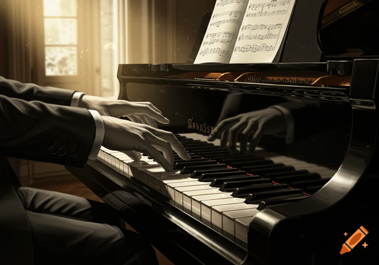A man in a suit plays a grand piano with sheet music, illuminated by warm light from a window in a hyper-realistic style.