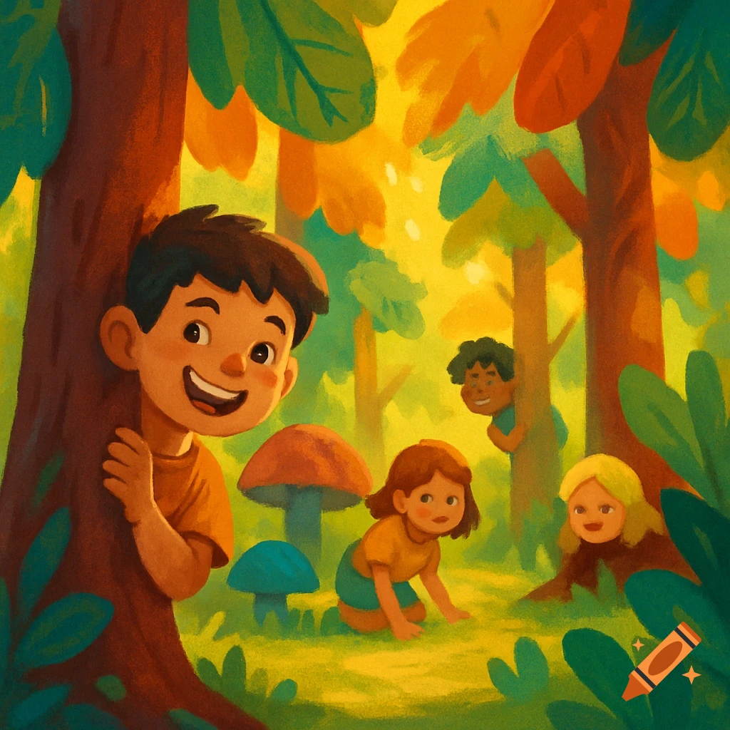 A vibrant cartoon illustration of children playing hide and seek in an autumn forest.