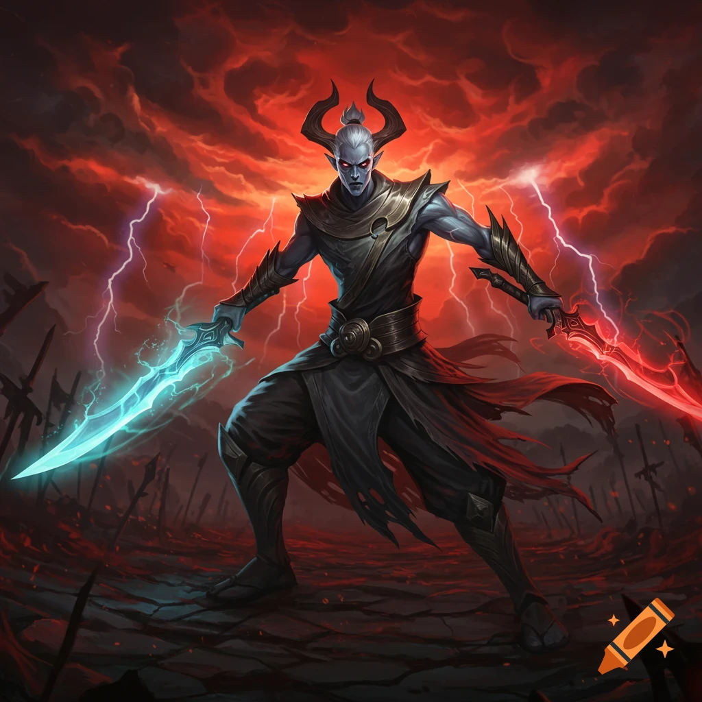 A grey-skinned demon-like warrior with horns and red eyes holds glowing blue and red swords under a stormy red sky.