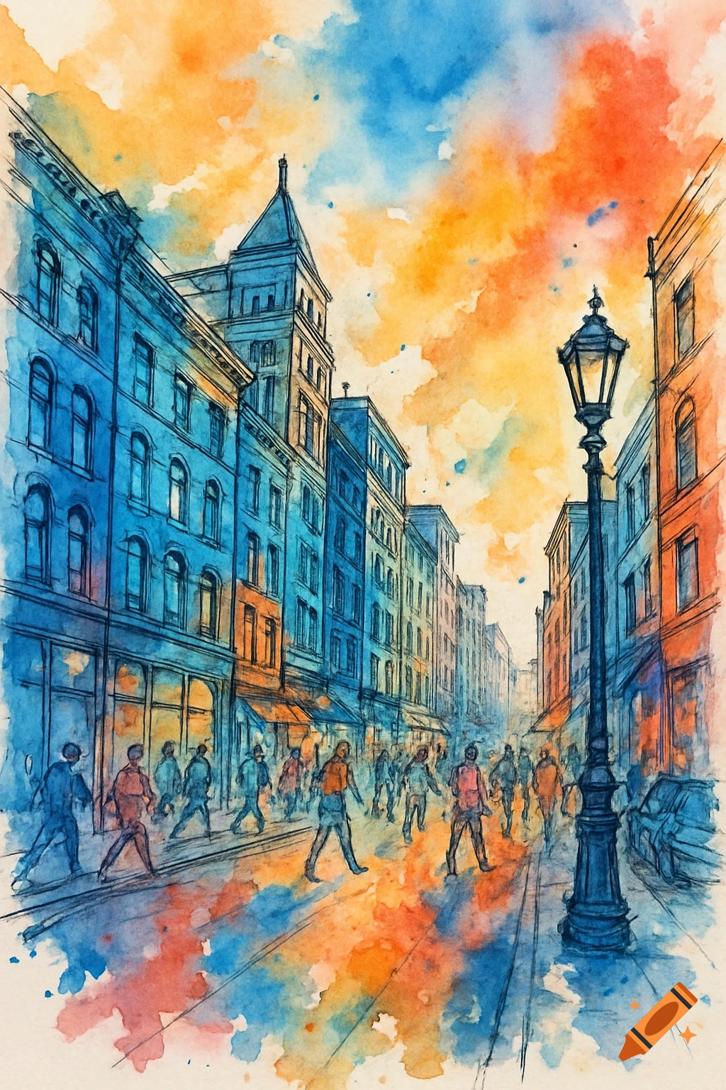 Vibrant watercolor painting of a bustling city street with tall buildings, stylized people, and a street lamp under an orange and blue sky.