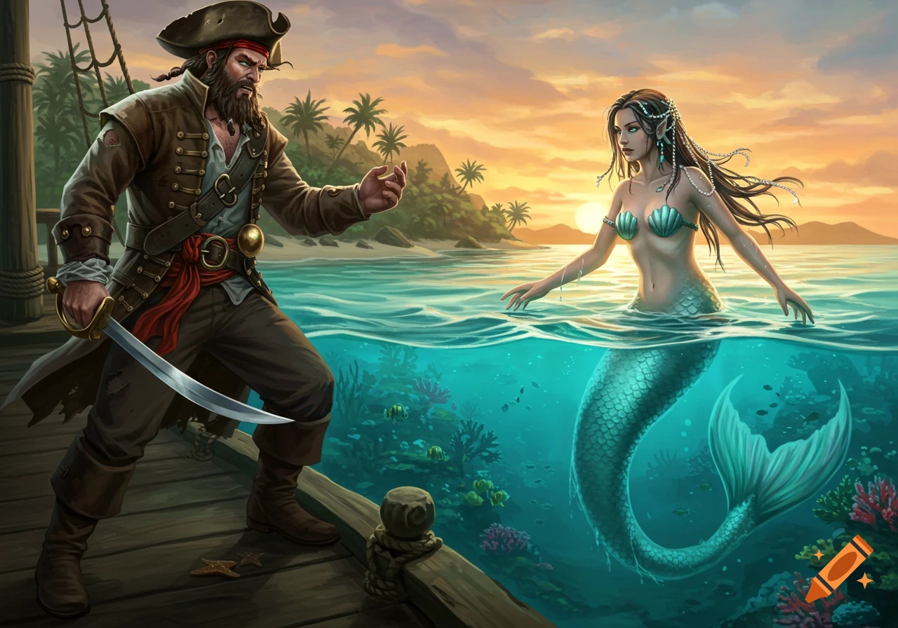 A pirate on a dock with a sword faces a mermaid with a teal tail in tropical waters near a sunset island, illustration.