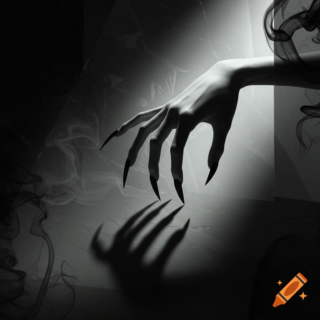 A monochromatic, creepy hand with long, skinny fingers and sharp black nails reaches forward from darkness amidst smoke.