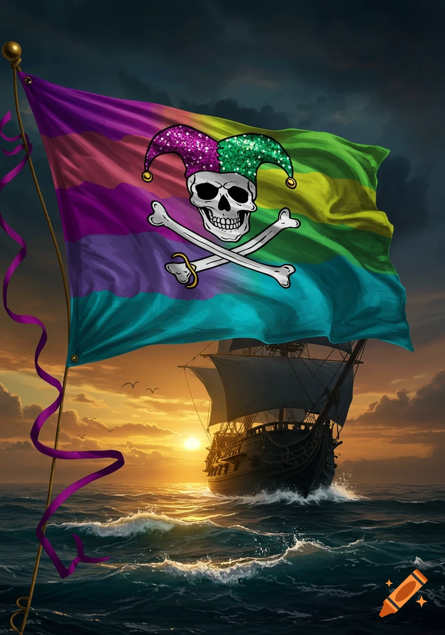 A vibrant rainbow-striped pirate flag featuring a skull in a glittery jester hat and crossed bones, flying above an ocean with a ship sailing into a fiery sunset.