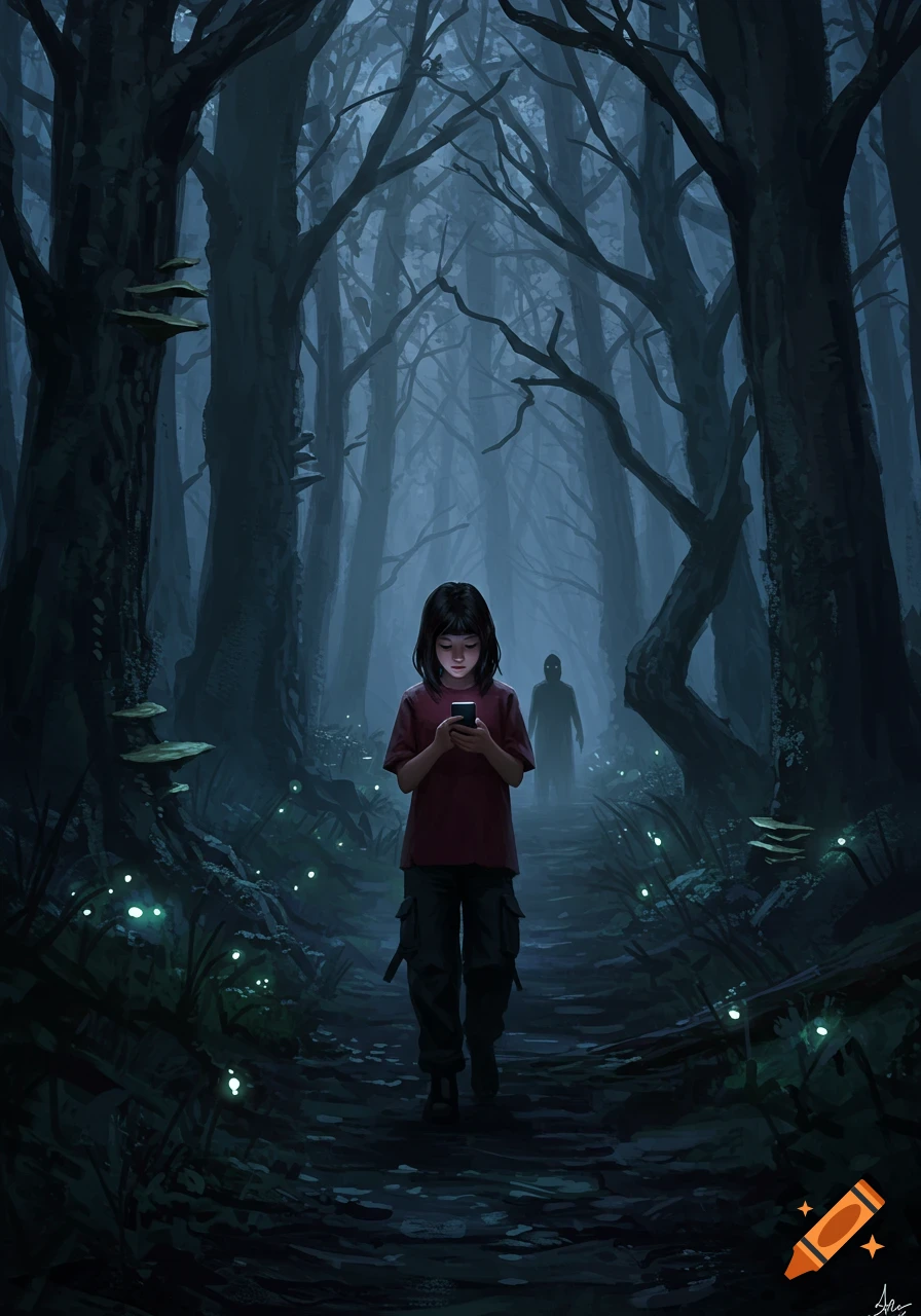 A young girl on her phone walks through a spooky, dark forest with glowing fungi, while a shadowy figure follows behind her in this digital art.