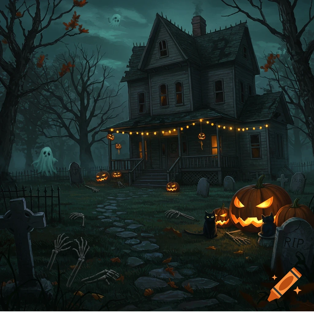 A spooky digital painting of a haunted house at night, with gravestones, skeleton hands, glowing jack-o'-lanterns, and black cats in the yard.