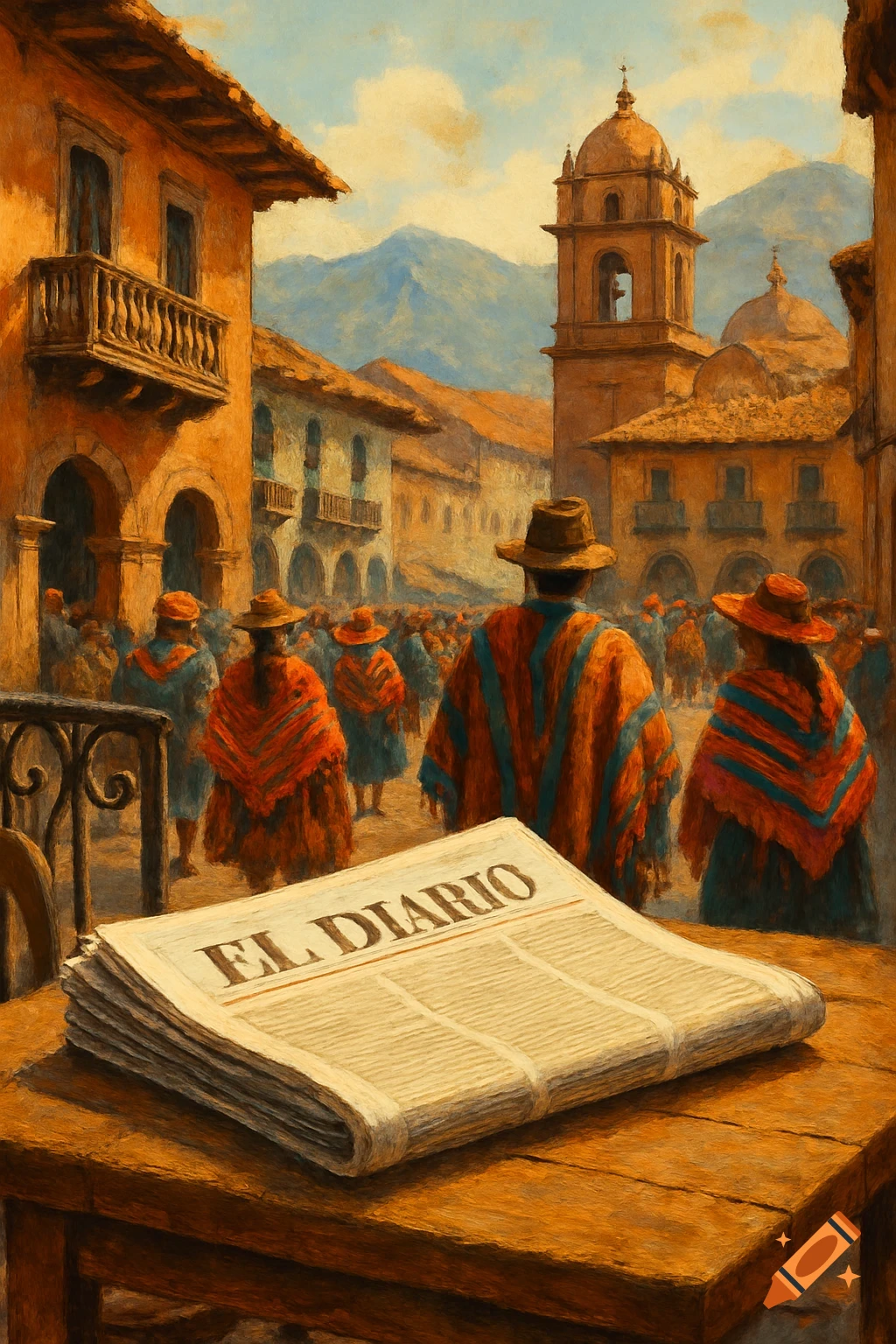 Painting of a Peruvian street scene with people in traditional attire and a newspaper titled 'EL DIARIO' on a table in the foreground.