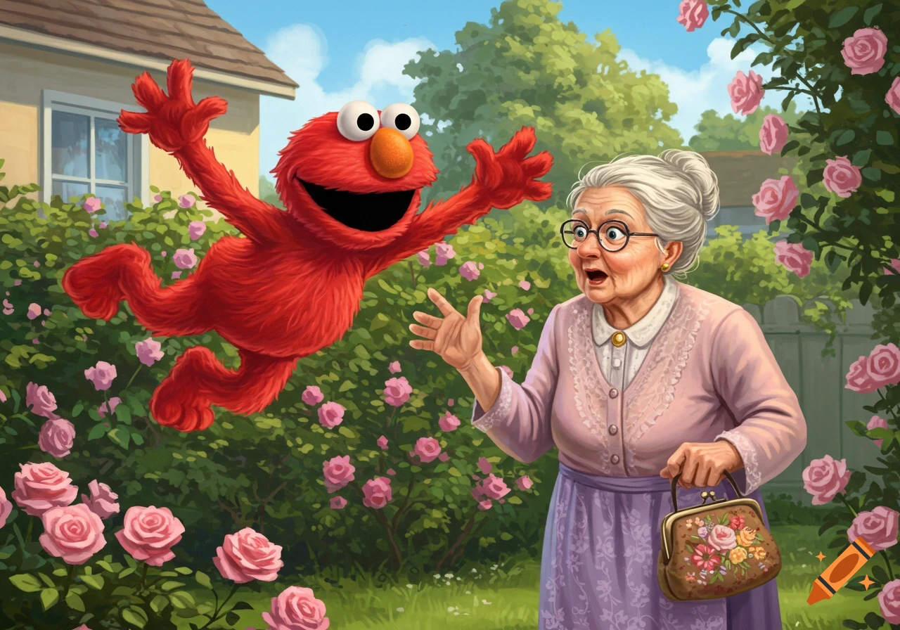 Elmo jumps with open arms towards a surprised old lady in a sunny garden with a house and pink roses.