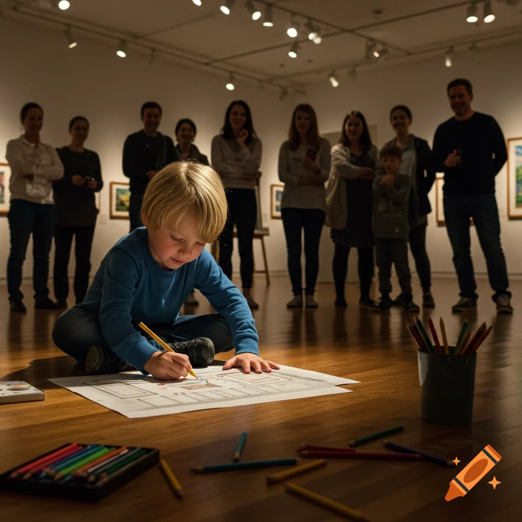 A blonde boy drawing on a large paper on the floor of an art gallery, surrounded by adults watching, in a hyperrealistic style.