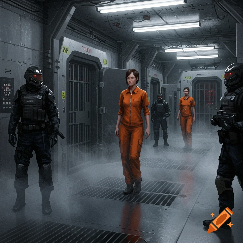 A woman in an orange prison uniform is led by armored guards through a futuristic, smoky prison corridor with cell doors.