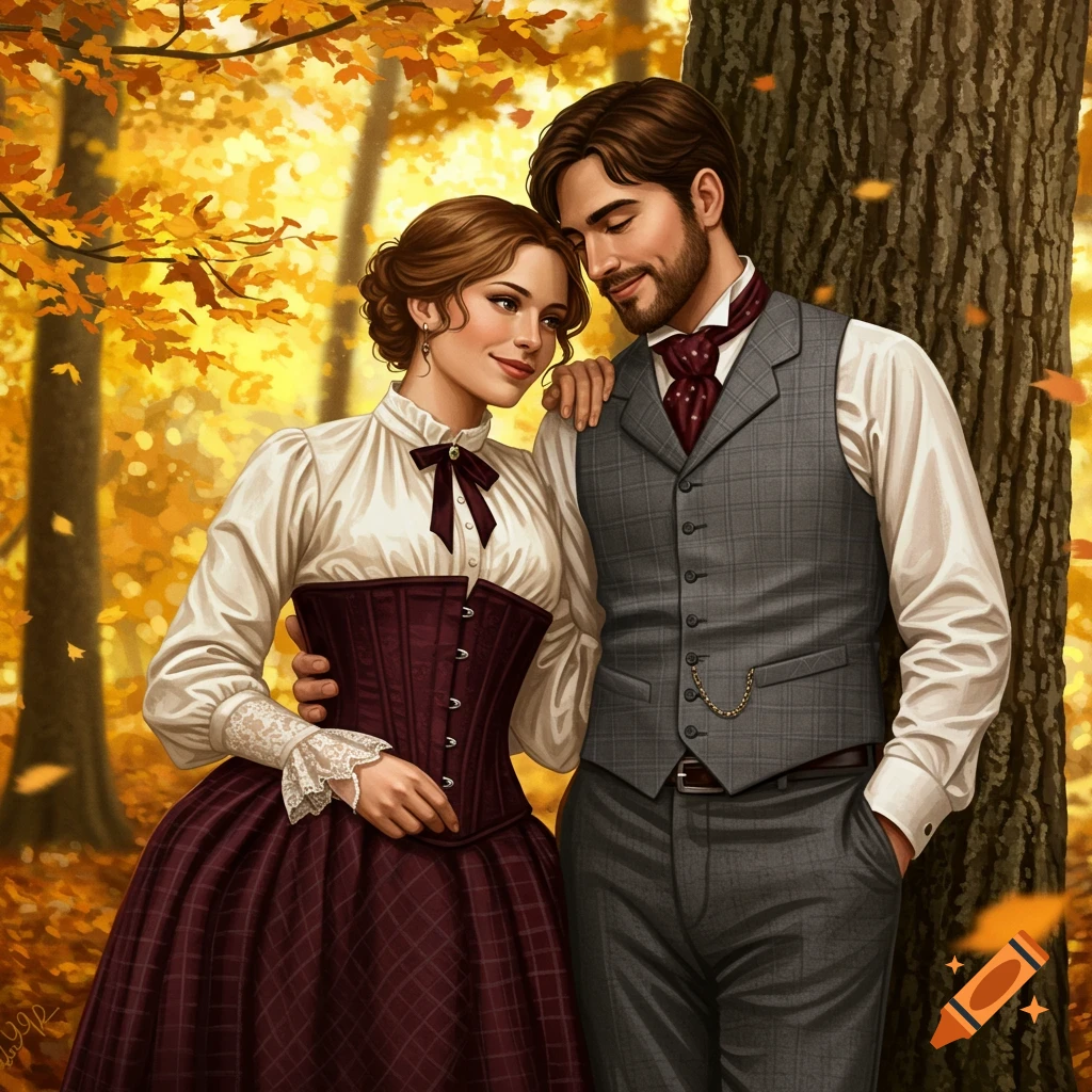 A Victorian couple in historical attire embrace in a sunlit autumn forest with falling golden leaves, digital painting.