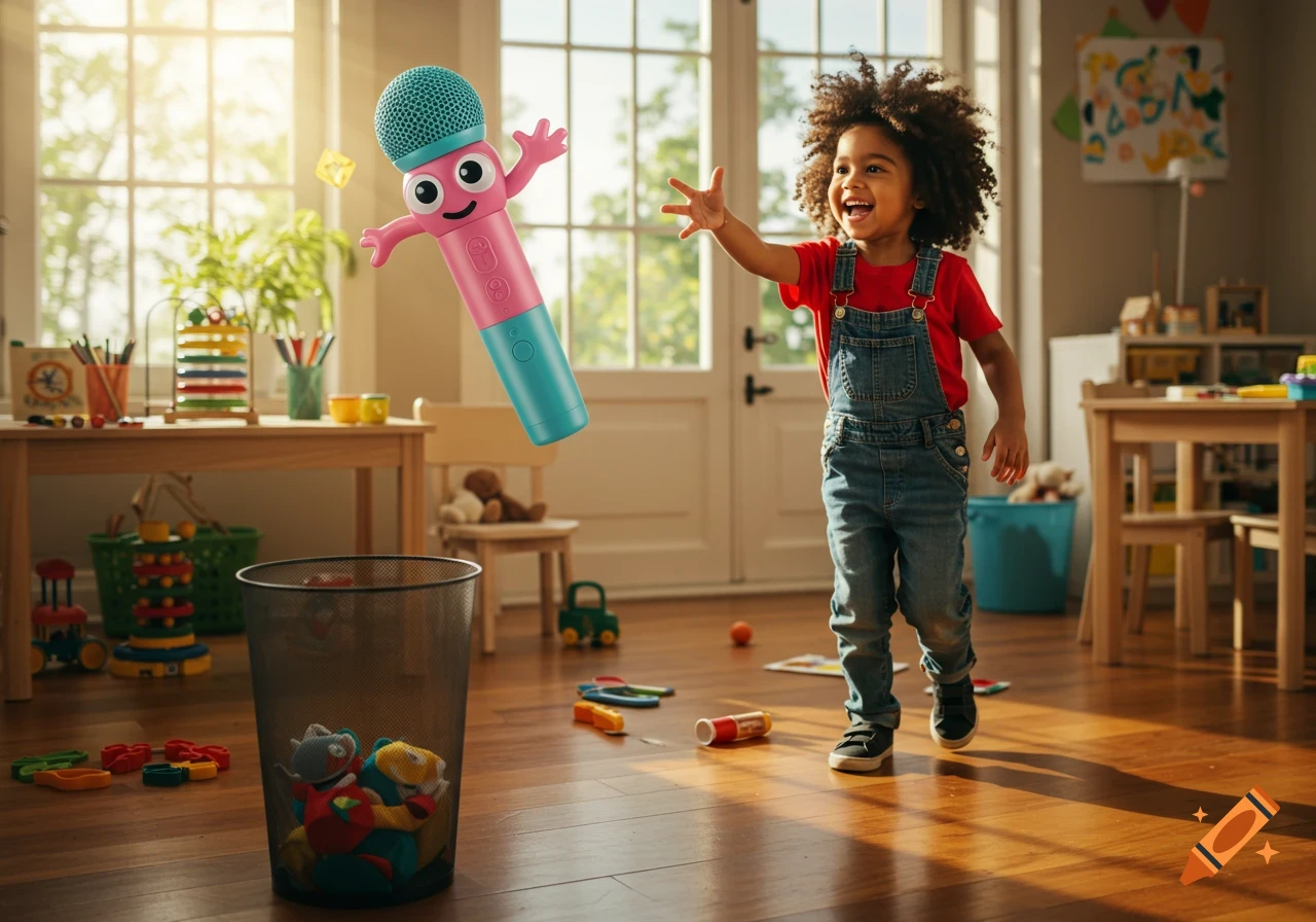 A young child with curly hair excitedly throws a pink and blue cartoon microphone towards a trash can in a sunny playroom.