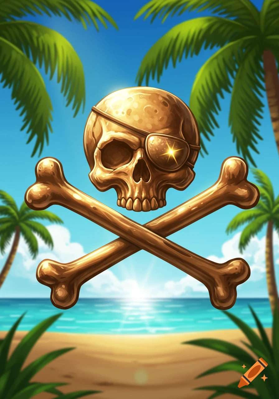 A vibrant cartoon bronze pirate skull wearing an eye patch, with crossed bones, against a tropical beach scene with palm trees and an ocean sunset.
