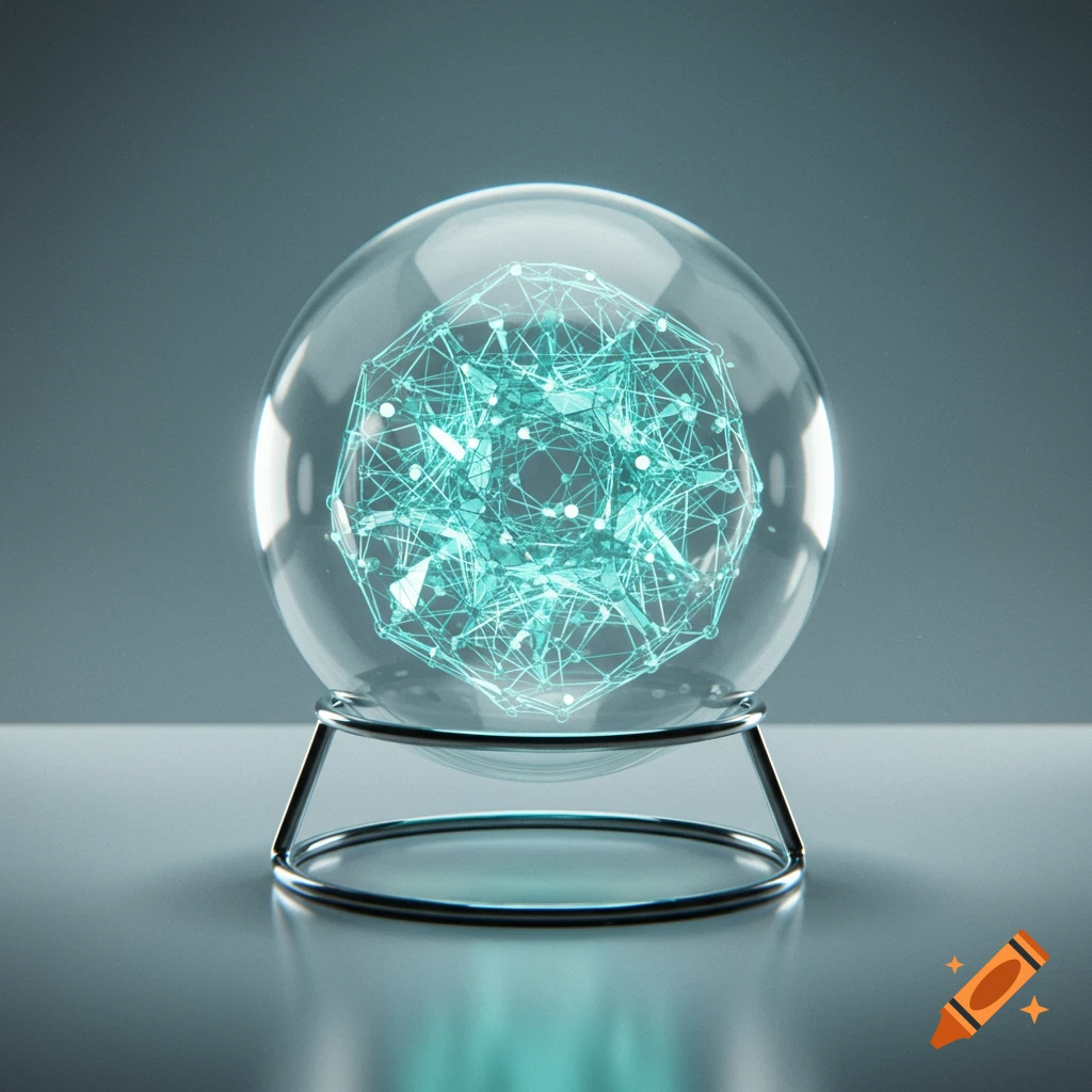 A perfectly spherical glass orb with a glowing, intricate cyan wireframe structure inside, on a minimalist metal stand.