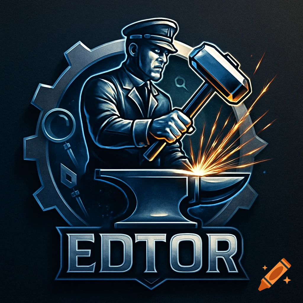 Stylized logo of a man in a cap and suit hammering an anvil with sparks, set against a gear, with 'EDTOR' text.