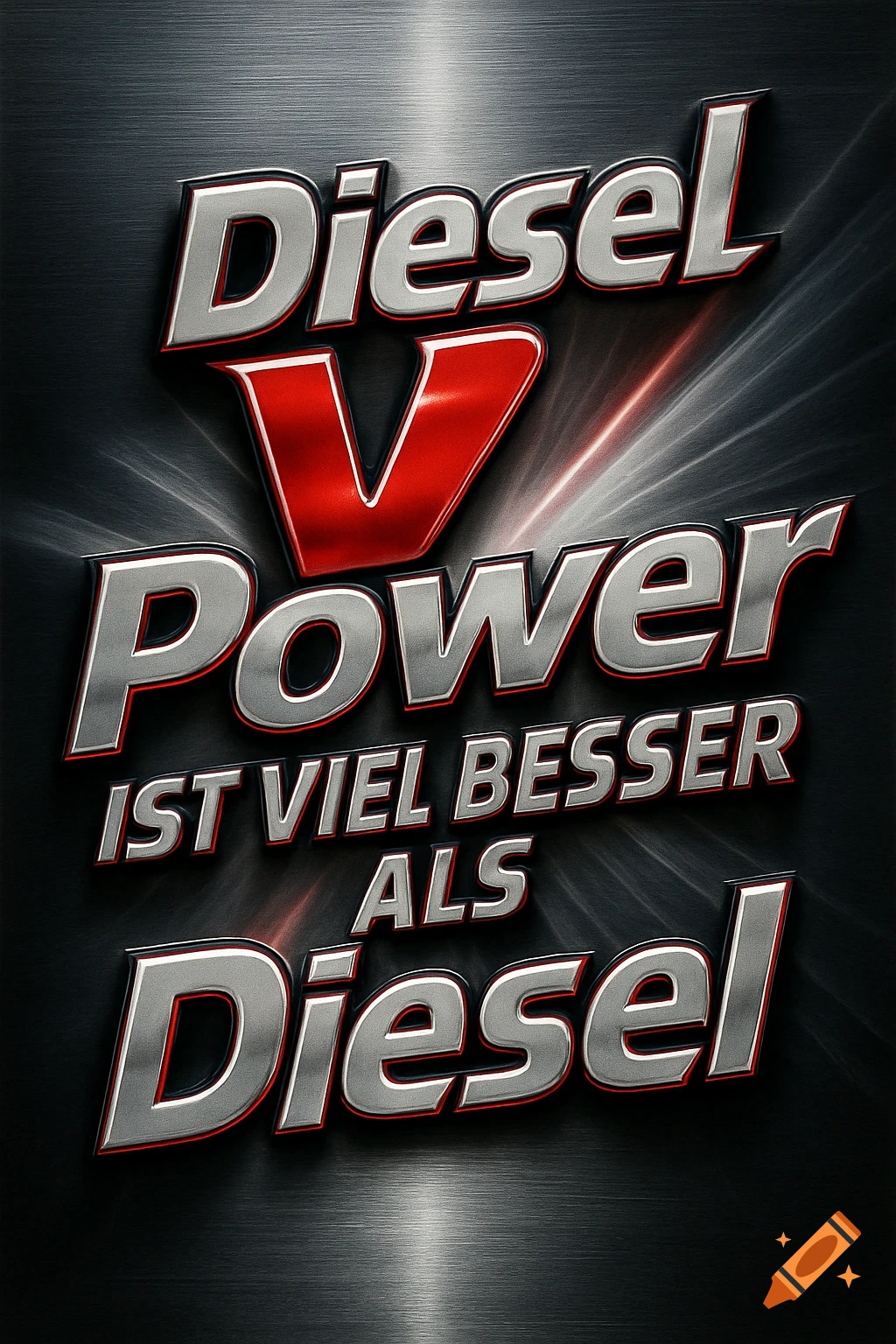 A stylized poster with silver and red 3D text 'Diesel V Power IST VIEL BESSER ALS Diesel' on a dark brushed metal background.