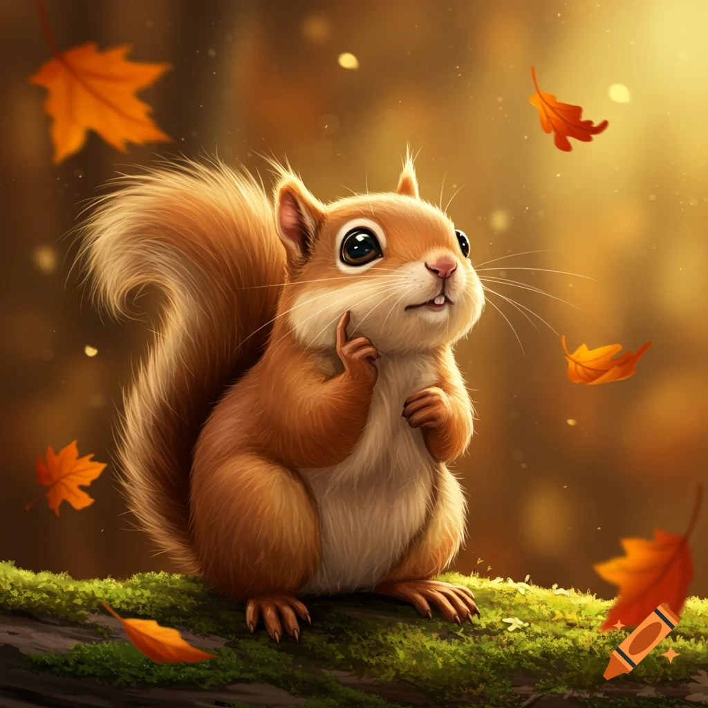 A cute, fluffy brown squirrel sits on a mossy log with its paw to its chin, looking up as orange autumn leaves fall around it.