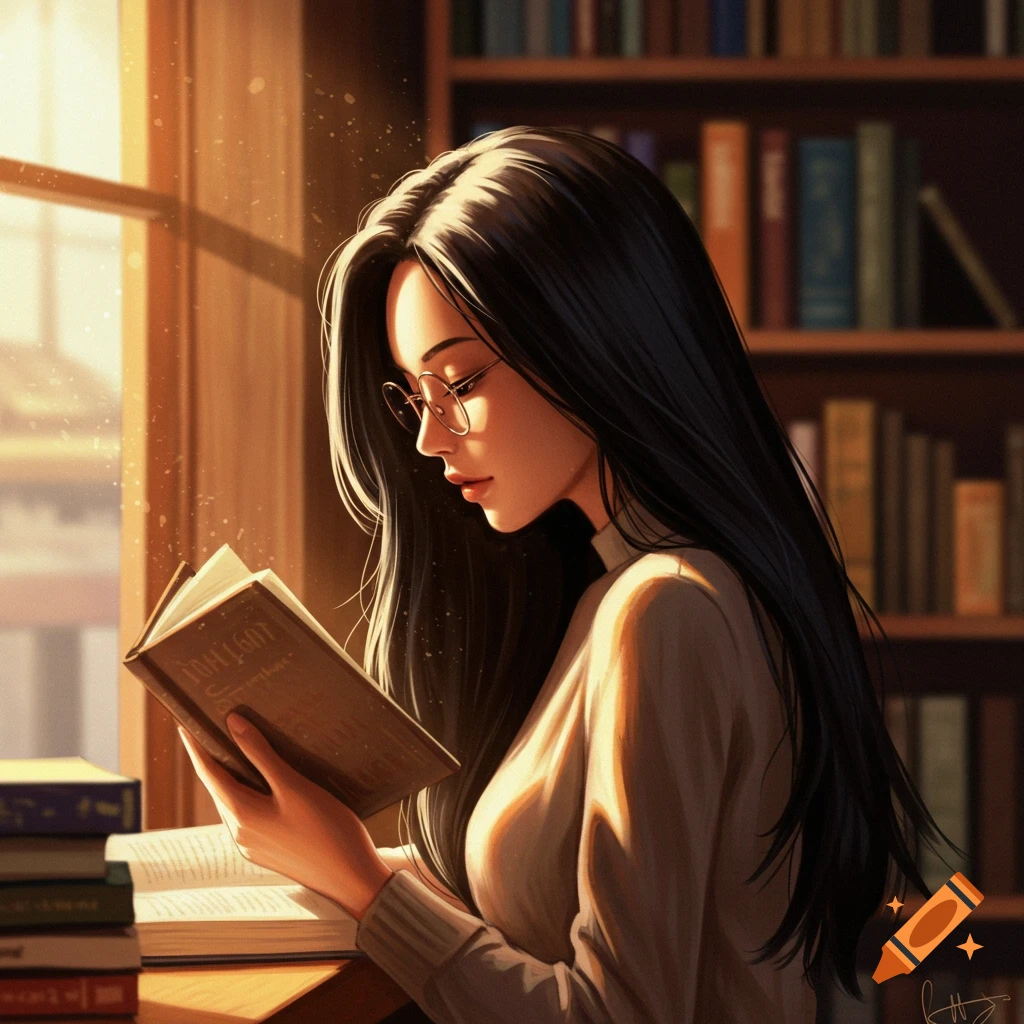 Anime-style illustration of a woman with long dark hair and glasses reading a book in a sunlit library.