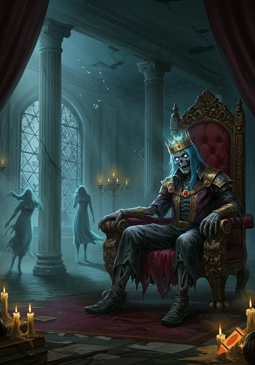 A skeletal king with blue hair and a golden crown sits on a red throne in a ruined gothic hall with two ghostly figures in the background, surrounded by lit candles.