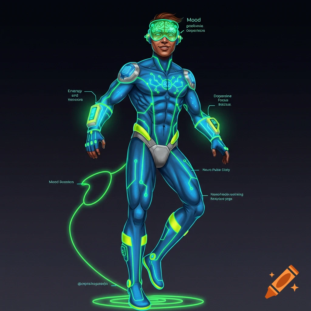 A male superhero in a glowing blue and yellow tech suit with neon green circuits, neural visor, and energy lines, standing confidently.