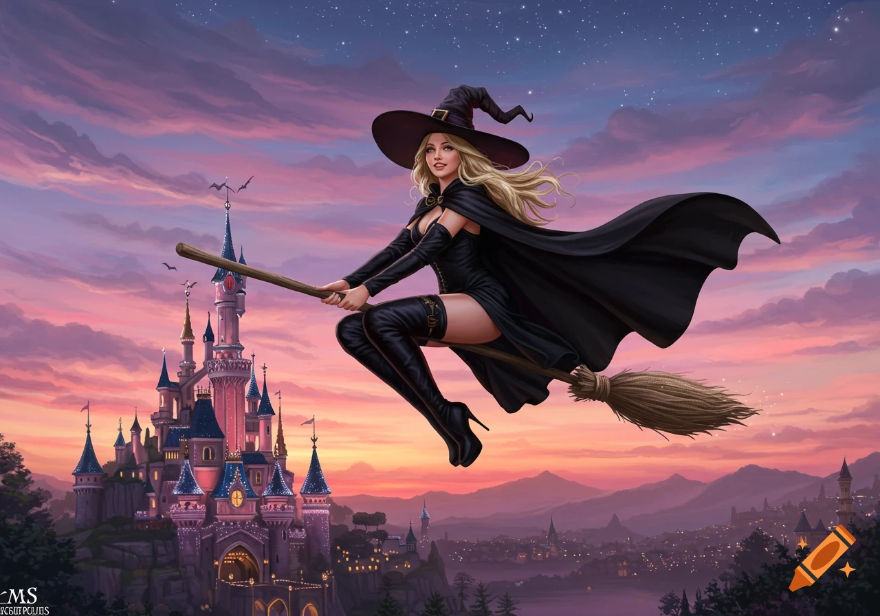 A blonde witch in a black costume and cape flies on a broomstick over a glowing fairy-tale castle at dusk, against a pink and purple sky.