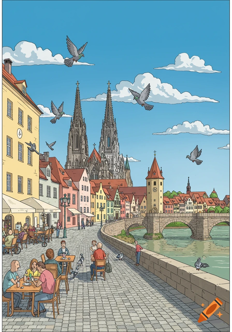 A vibrant cartoon cityscape of Regensburg with a cathedral, colorful buildings, a bridge over a river, and people dining outdoors, with pigeons.