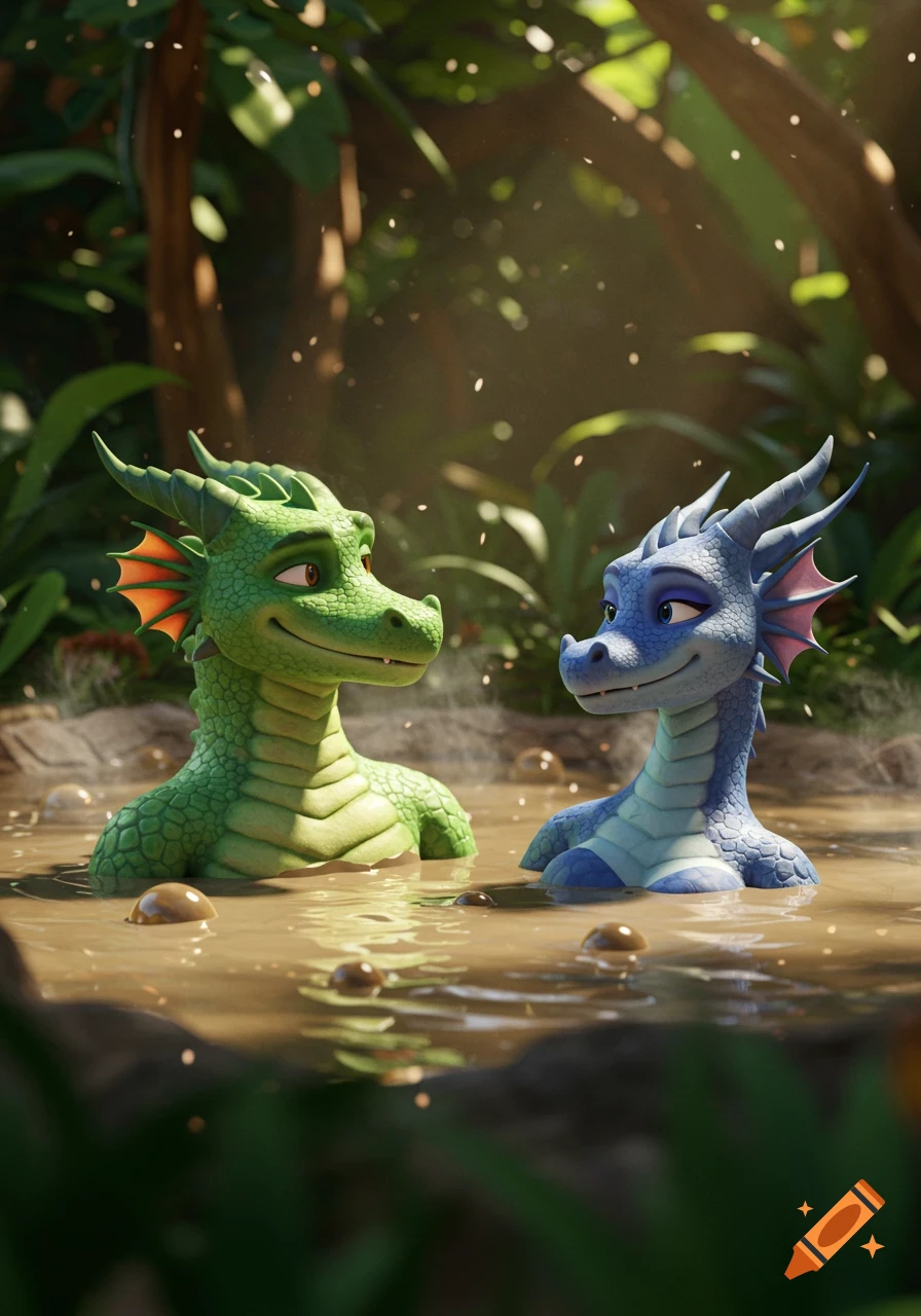 Two cartoon dragons, one green and one blue, in a muddy hot tub in a jungle setting, 3D animation.