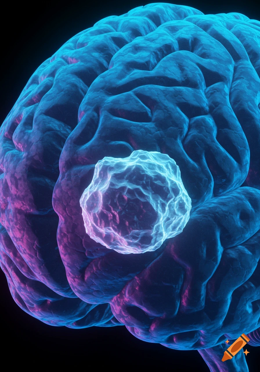 A vibrant blue and purple brain with a glowing white and pink tumor on its surface, against a dark background, 3D render.