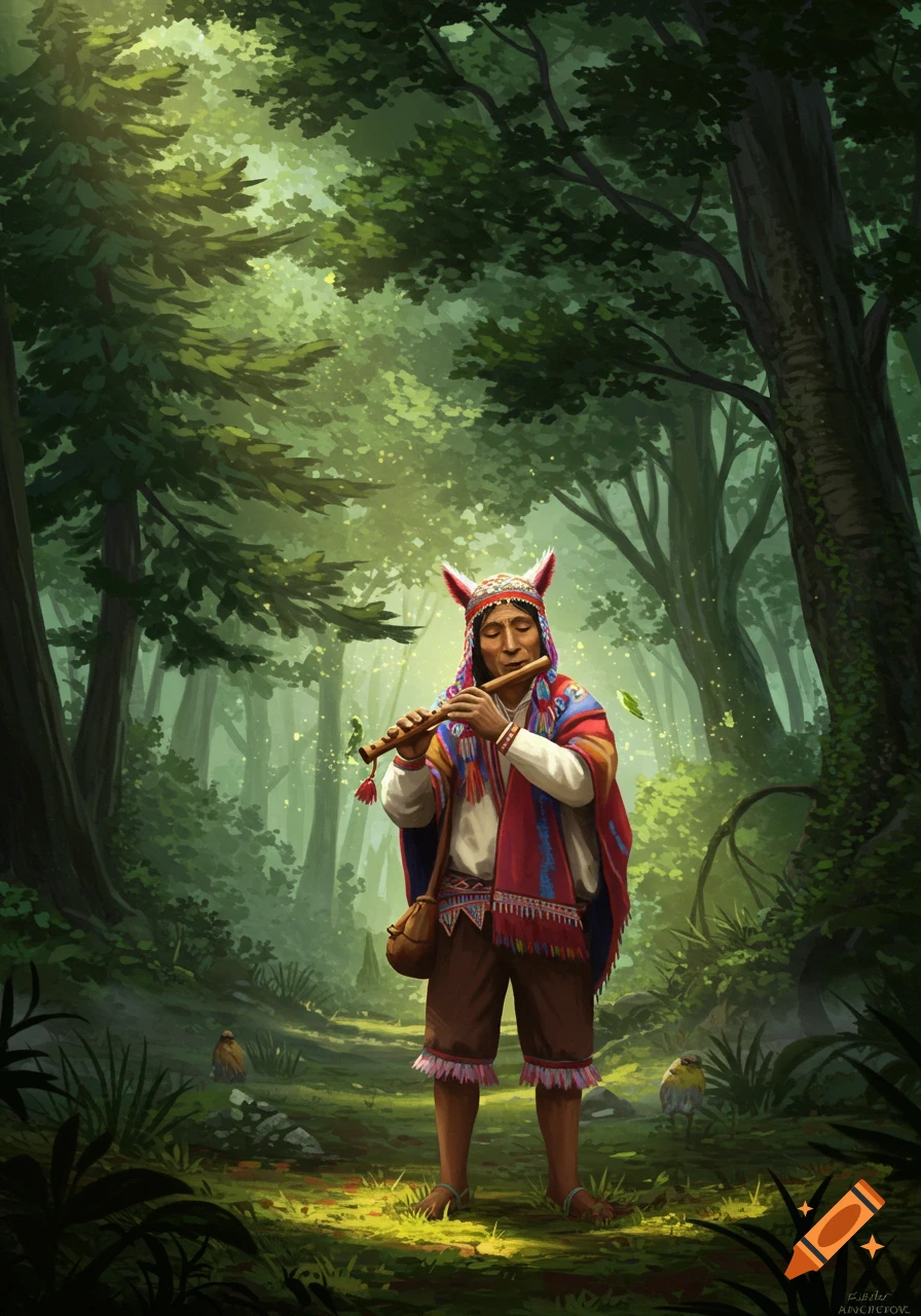 An illustration of a man in traditional colorful Peruvian attire playing a flute in a sun-dappled forest.